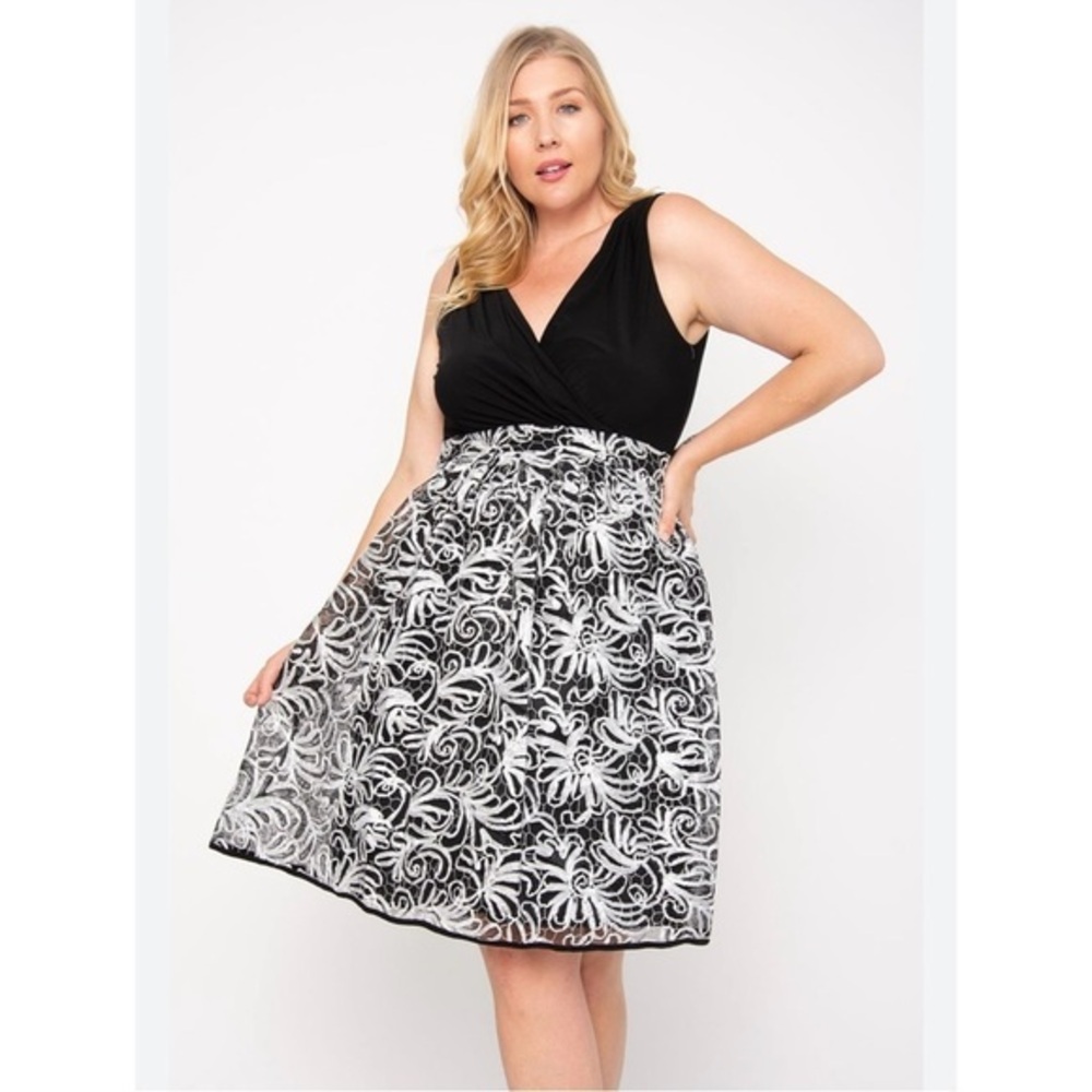 Roz &‎ Ali Black And White Womens Sleeveless Cocktail Dress Plus Size 16 Midi